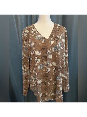 Youtalia Brown Floral Blouse with V Neck 100% Polyester NWOT